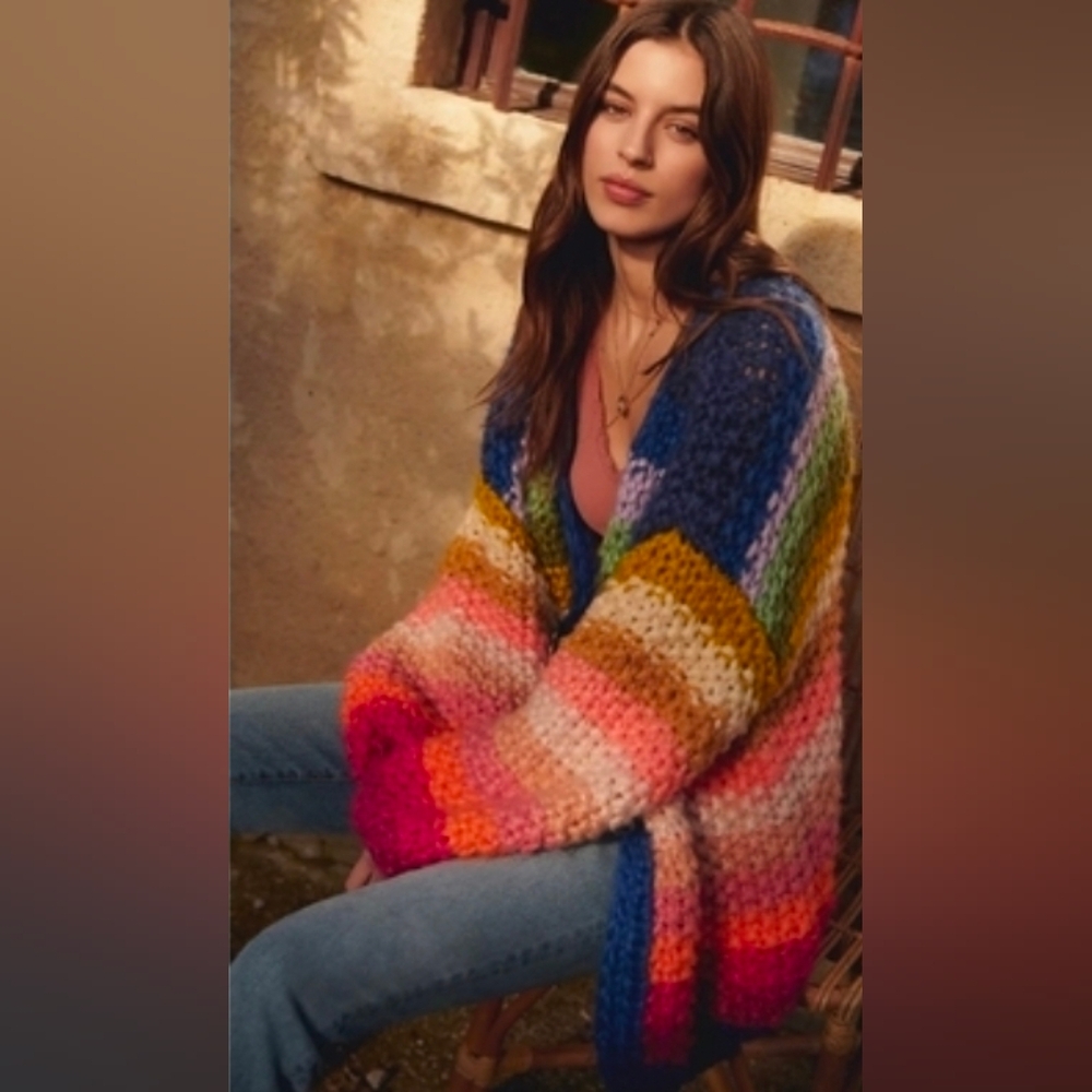 Anthropologie Mayflower HandMade Chunky Crochet Cardigan In Rainbow NIP$240